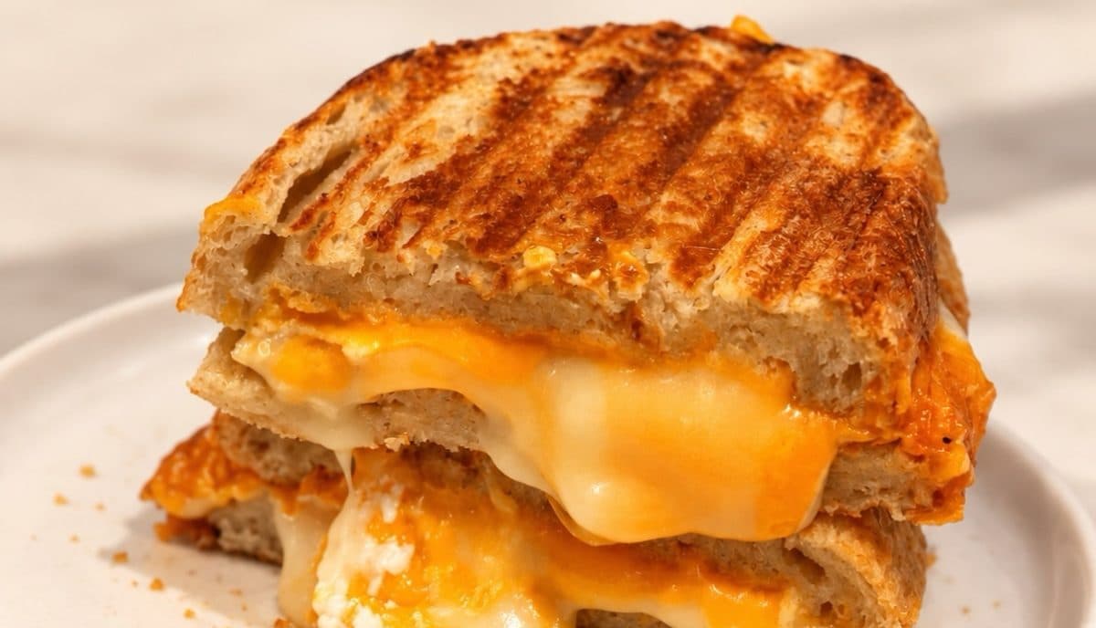Sanduíche Queijudo cortado, com o queijo derretido